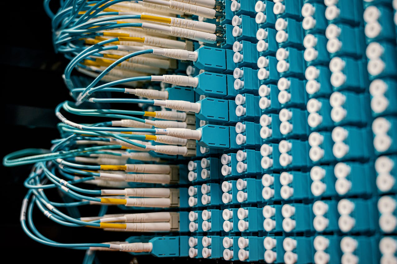 Cable organizer with set of various network wires in switch and connected with equipment
